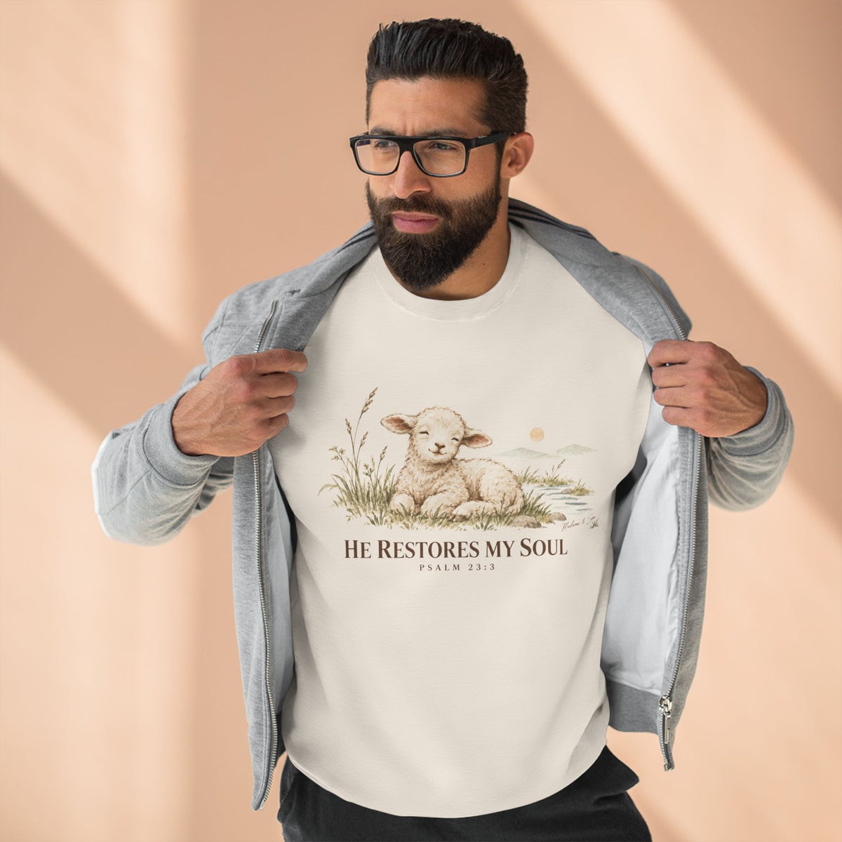He Restores My Soul Unisex Christian Hoodie | Psalm 23:3 Lamb Bible Verse Pullover