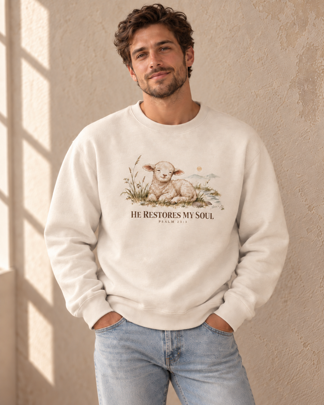 He Restores My Soul Unisex Christian Hoodie | Psalm 23:3 Lamb Bible Verse Pullover