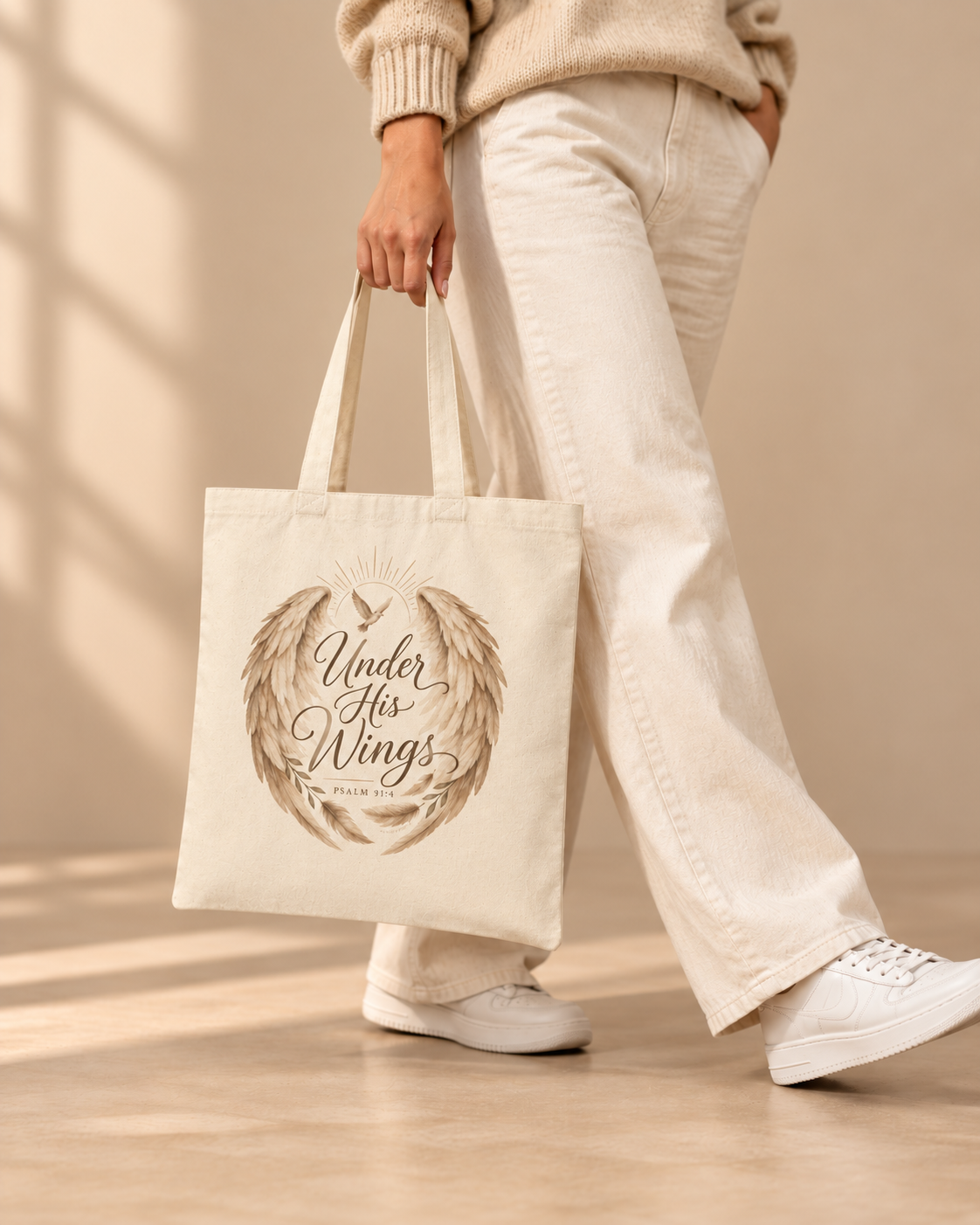 Under His Wings Psalm 91:4 Christian Tote Bag | Faith Inspired Canvas Bag