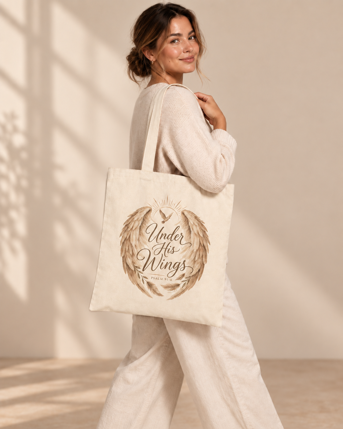 Under His Wings Psalm 91:4 Christian Tote Bag | Faith Inspired Canvas Bag