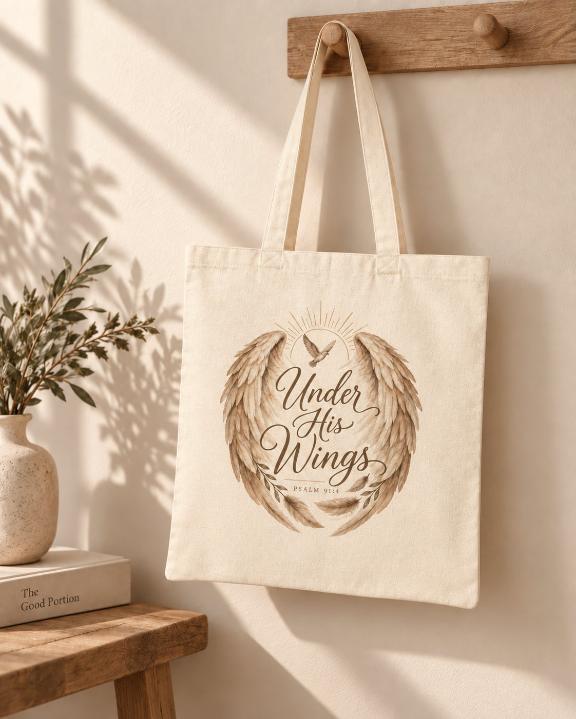 Under His Wings Psalm 91:4 Christian Tote Bag | Faith Inspired Canvas Bag