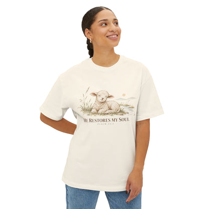 Psalm 23:3 Christian Shirt | He Restores My Soul Unisex Oversized Boxy Bible Verse Tee