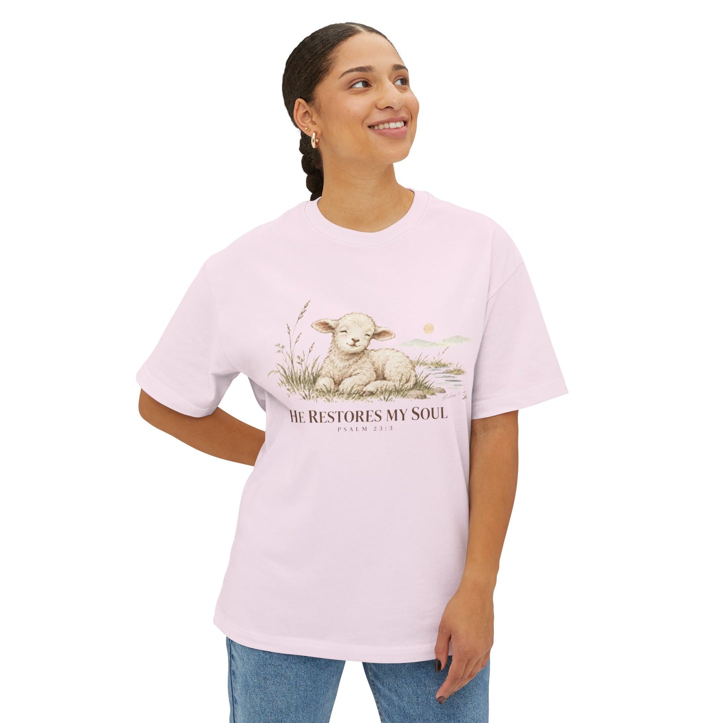 Psalm 23:3 Christian Shirt | He Restores My Soul Unisex Oversized Boxy Bible Verse Tee