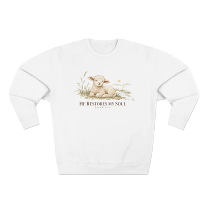 He Restores My Soul Unisex Christian Hoodie | Psalm 23:3 Lamb Bible Verse Pullover