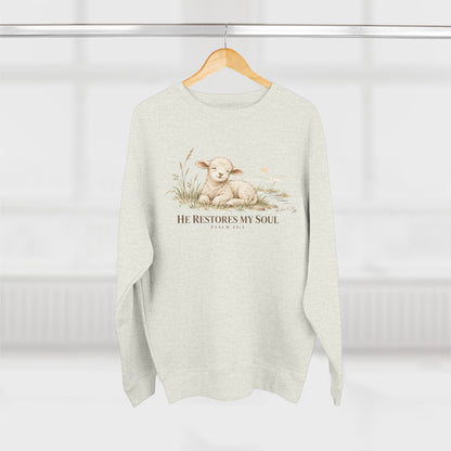 He Restores My Soul Unisex Christian Hoodie | Psalm 23:3 Lamb Bible Verse Pullover