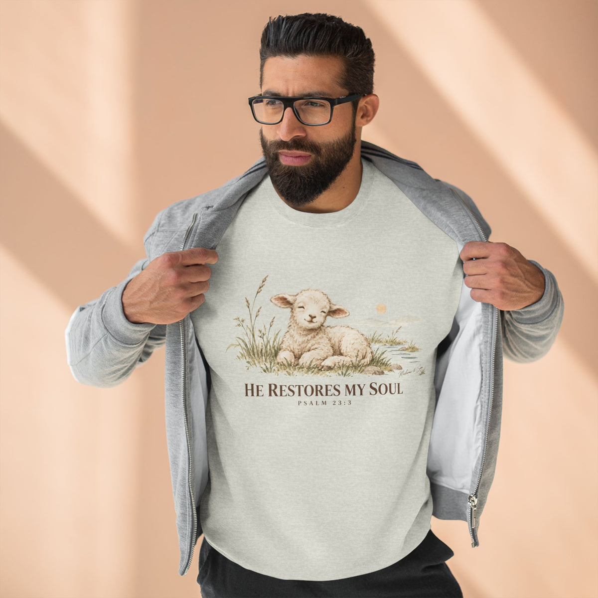 He Restores My Soul Unisex Christian Hoodie | Psalm 23:3 Lamb Bible Verse Pullover