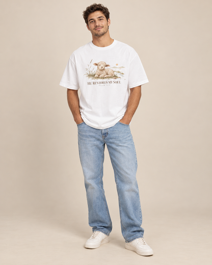 Psalm 23:3 Christian Shirt | He Restores My Soul Unisex Oversized Boxy Bible Verse Tee