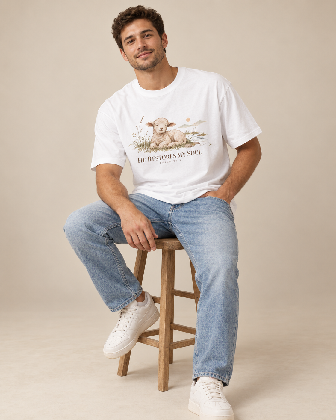 Psalm 23:3 Christian Shirt | He Restores My Soul Unisex Oversized Boxy Bible Verse Tee