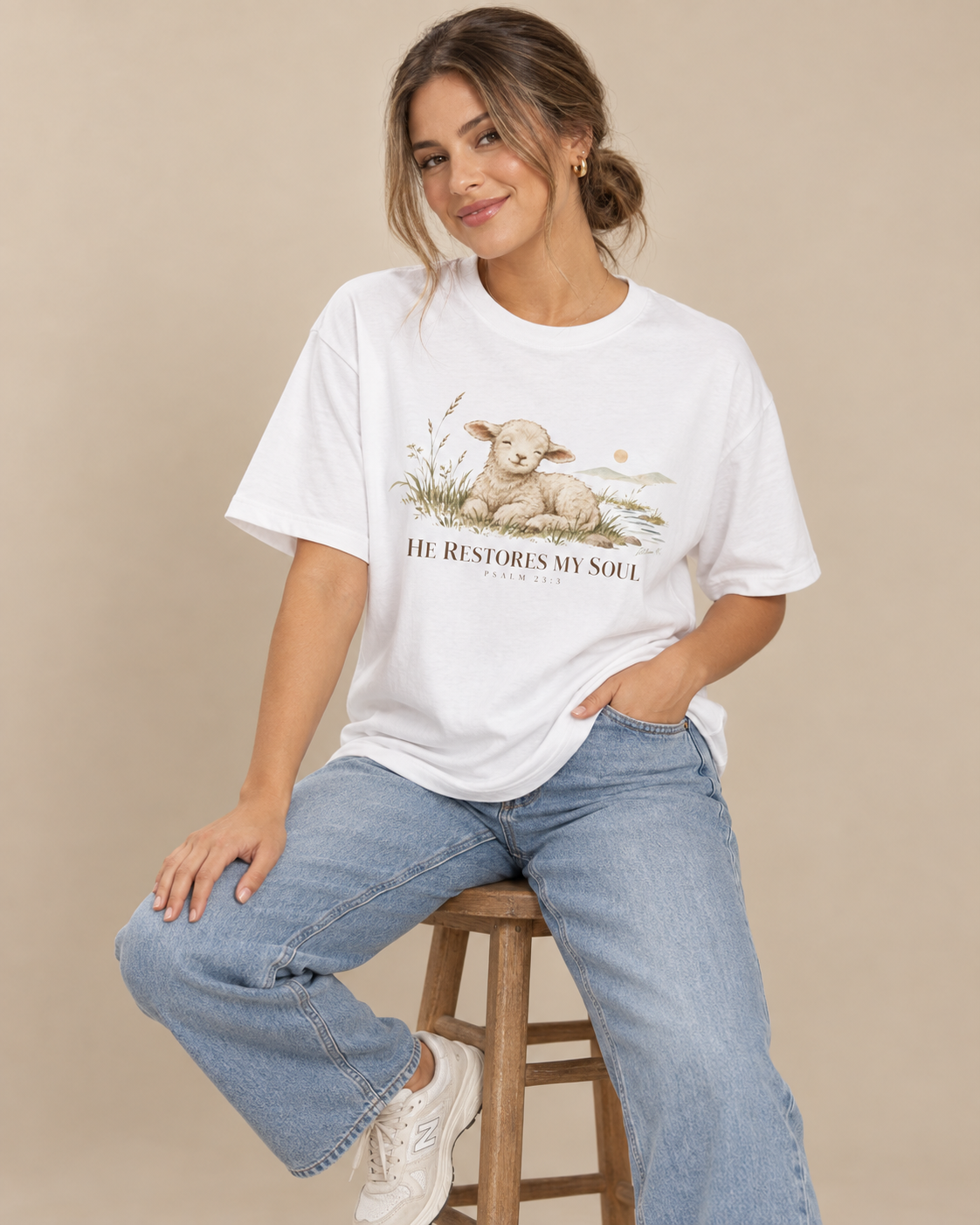 Psalm 23:3 Christian Shirt | He Restores My Soul Unisex Oversized Boxy Bible Verse Tee
