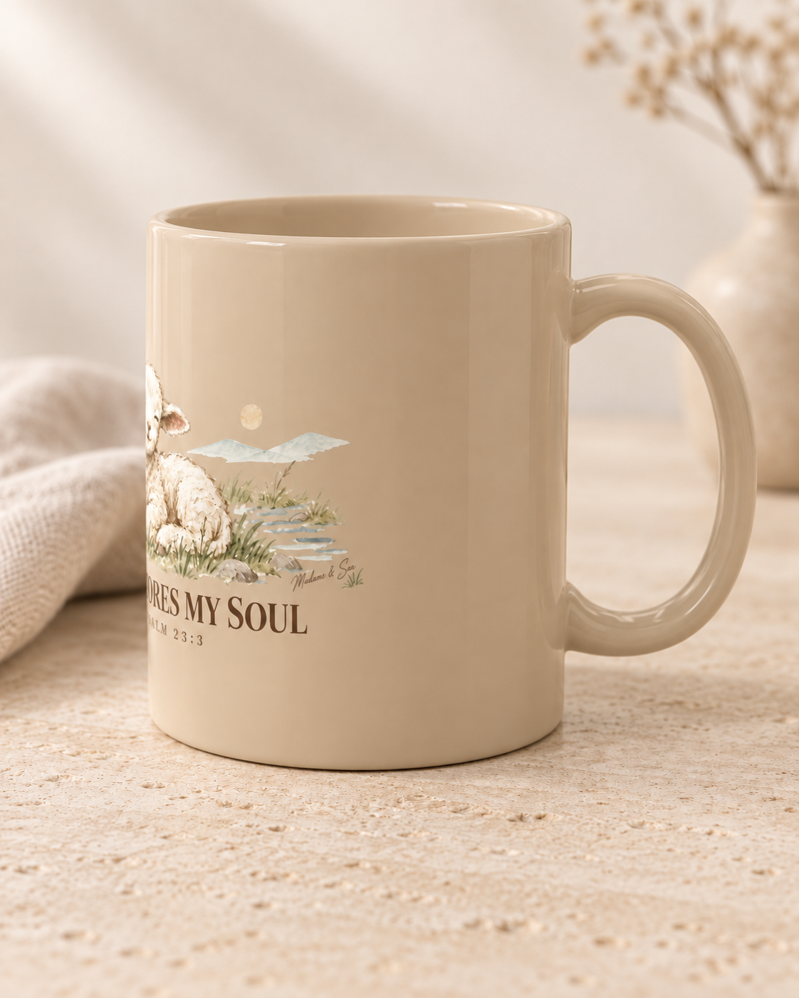 He Restores My Soul Christian Mug | Psalm 23:3 Lamb Bible Verse 11 oz Ceramic Coffee Cup