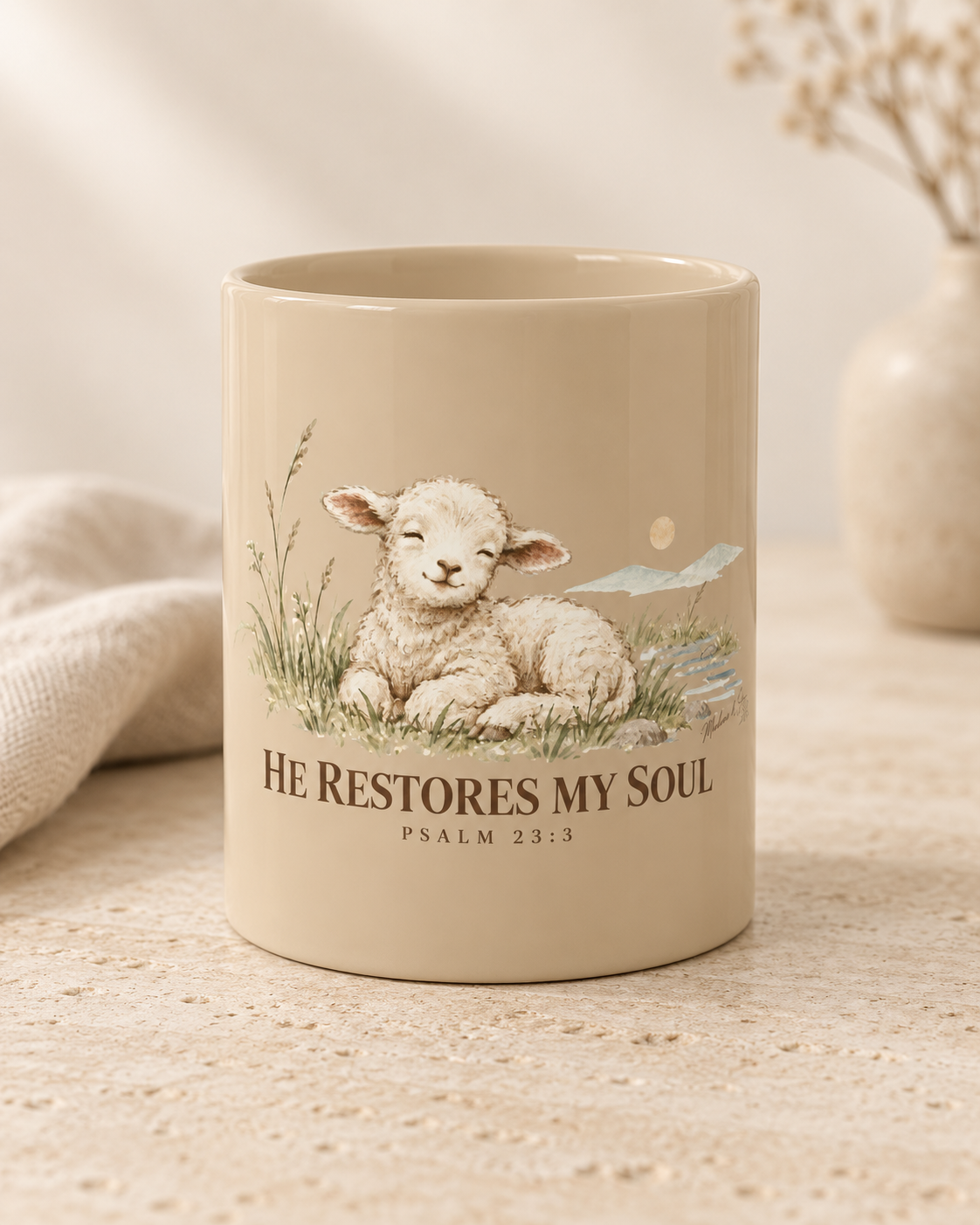He Restores My Soul Christian Mug | Psalm 23:3 Lamb Bible Verse 11 oz Ceramic Coffee Cup