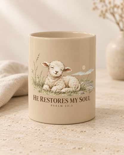 He Restores My Soul Christian Mug | Psalm 23:3 Lamb Bible Verse 11 oz Ceramic Coffee Cup