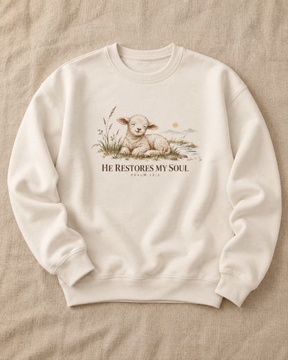 He Restores My Soul Unisex Christian Hoodie | Psalm 23:3 Lamb Bible Verse Pullover