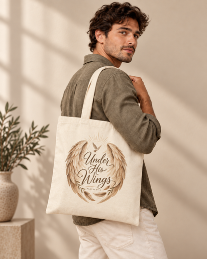Under His Wings Psalm 91:4 Christian Tote Bag | Faith Inspired Canvas Bag