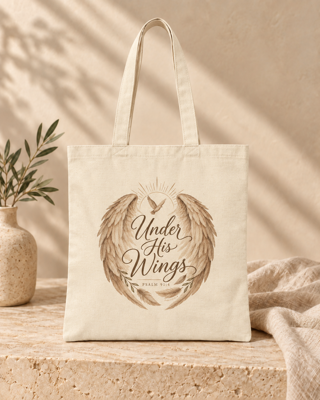 Under His Wings Psalm 91:4 Christian Tote Bag | Faith Inspired Canvas Bag