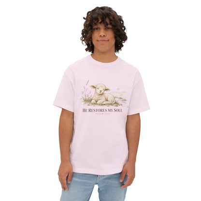 Psalm 23:3 Christian Shirt | He Restores My Soul Unisex Oversized Boxy Bible Verse Tee