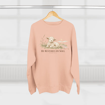 He Restores My Soul Unisex Christian Hoodie | Psalm 23:3 Lamb Bible Verse Pullover