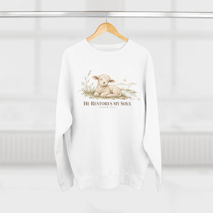 He Restores My Soul Unisex Christian Hoodie | Psalm 23:3 Lamb Bible Verse Pullover