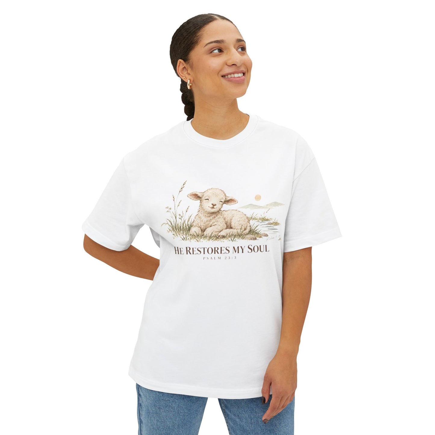 Psalm 23:3 Christian Shirt | He Restores My Soul Unisex Oversized Boxy Bible Verse Tee