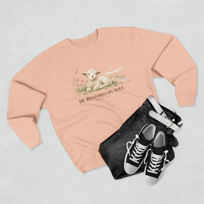 He Restores My Soul Unisex Christian Hoodie | Psalm 23:3 Lamb Bible Verse Pullover
