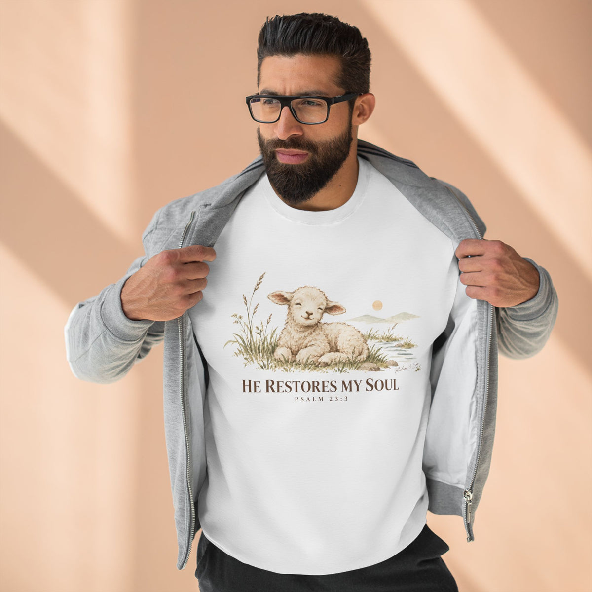 He Restores My Soul Unisex Christian Hoodie | Psalm 23:3 Lamb Bible Verse Pullover