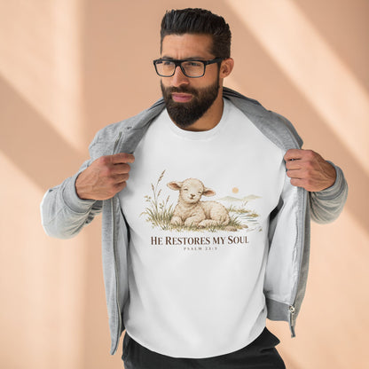 He Restores My Soul Unisex Christian Hoodie | Psalm 23:3 Lamb Bible Verse Pullover