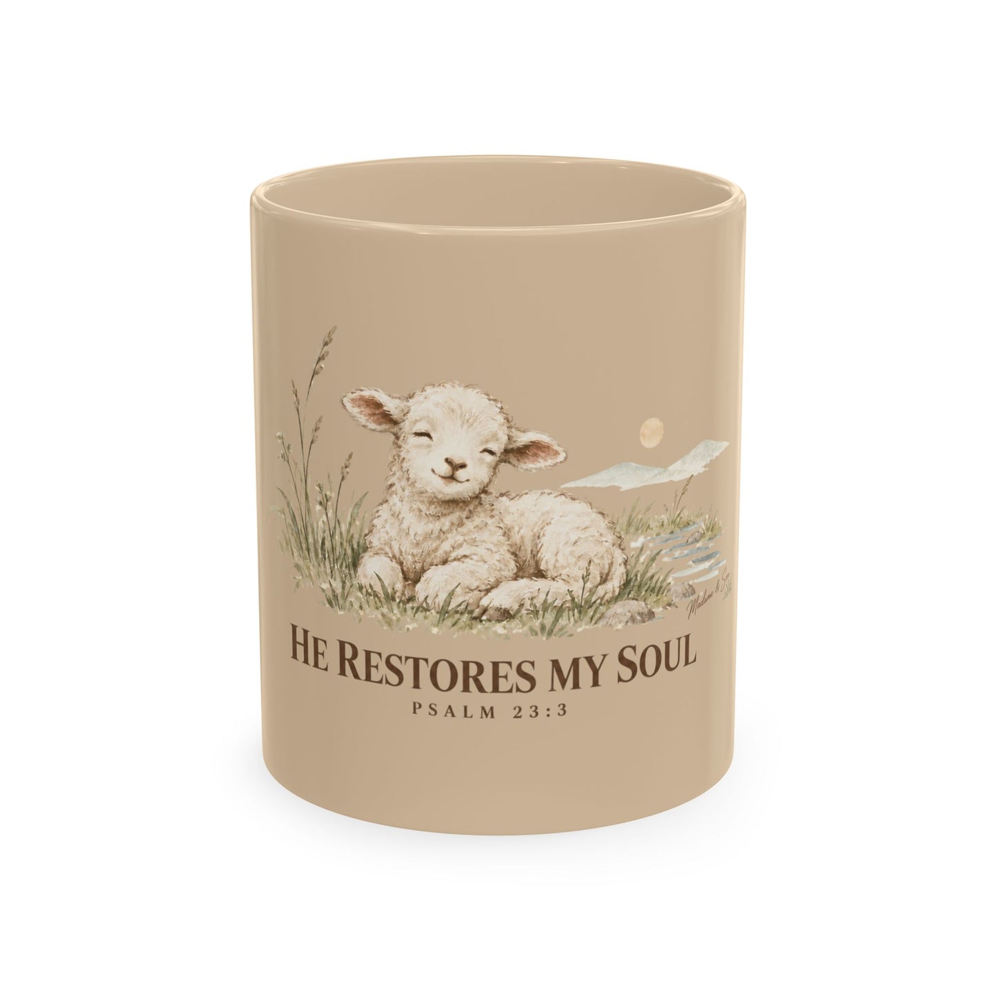 He Restores My Soul Christian Mug | Psalm 23:3 Lamb Bible Verse 11 oz Ceramic Coffee Cup