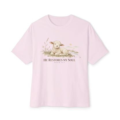 Psalm 23:3 Christian Shirt | He Restores My Soul Unisex Oversized Boxy Bible Verse Tee