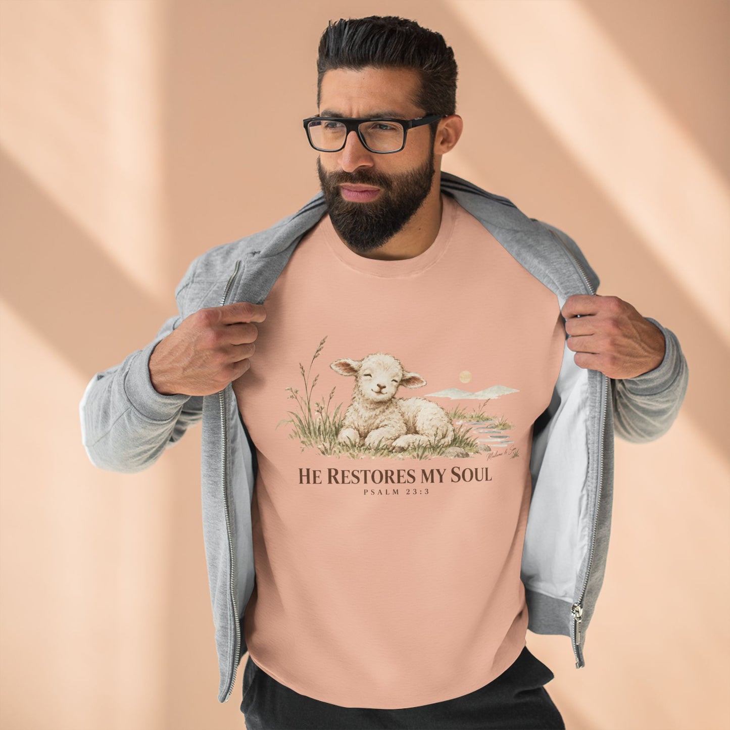 He Restores My Soul Unisex Christian Hoodie | Psalm 23:3 Lamb Bible Verse Pullover