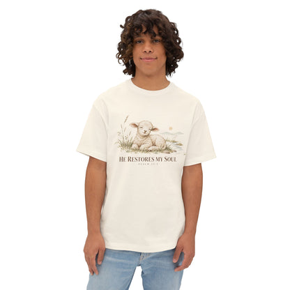 Psalm 23:3 Christian Shirt | He Restores My Soul Unisex Oversized Boxy Bible Verse Tee