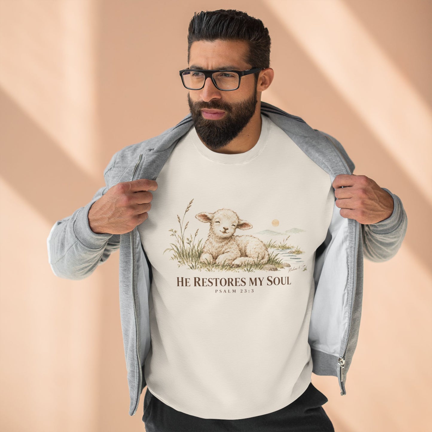 He Restores My Soul Unisex Christian Hoodie | Psalm 23:3 Lamb Bible Verse Pullover